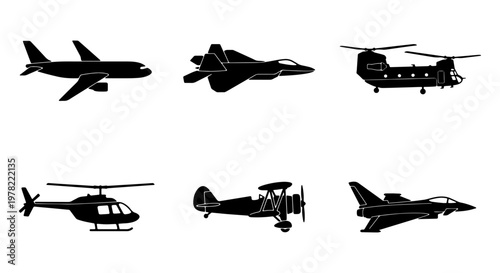 Aviation aircraft silhouettes set, 6 black airplane and helicopter icons, military fighter jets and civilian planes, transport vector graphics