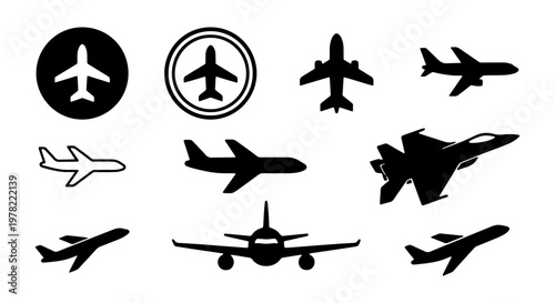 Airplane silhouette icons set, black aircraft vector symbols for travel and aviation, commercial flight and jet fighter plane collection, 10 elements