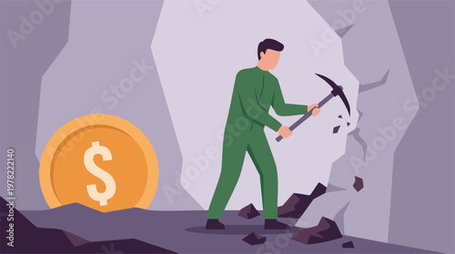 Man mining for money, dollar coin, hard work and financial gain concept.