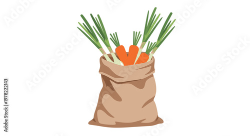Burlap sack filled with fresh carrots and their long green tops, representing a healthy harvest of organic vegetables from a farm or garden.