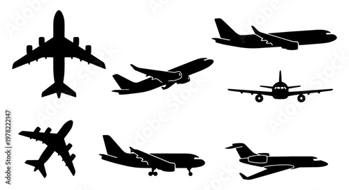 Airplane silhouette vector set, 7 commercial aircraft icons in black, passenger jet plane collection for aviation travel and flight logistics