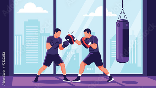 Two athletic men engaged in a intense boxing training session inside a modern gym with large windows overlooking city.
