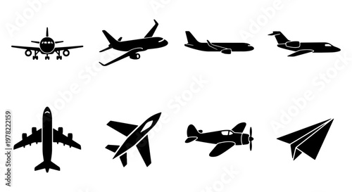 Airplane silhouette icons set, 8 black aircraft vector elements, commercial jet and private plane symbols, aviation transport graphics for travel design