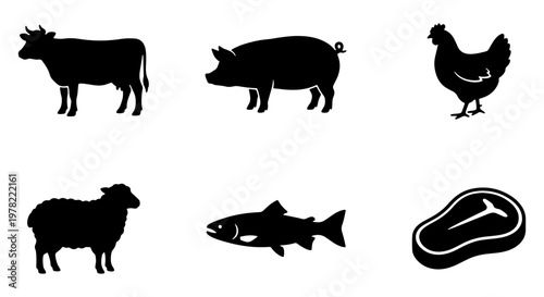 Farm animal silhouettes set, 6 black vector icons of cow, pig, chicken, sheep, fish and meat, livestock and butchery symbols for food packaging