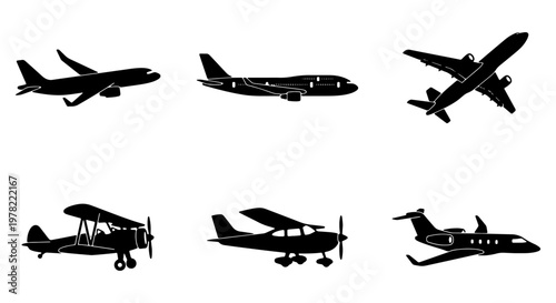 Airplane silhouette vector set, commercial aircraft and private jet icons, vintage biplane and propeller plane collection for travel design