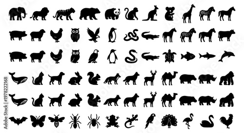 Black animal silhouettes collection, 60 wild and domestic animal icons, minimalist zoo and farm creature vector set for infographic design
