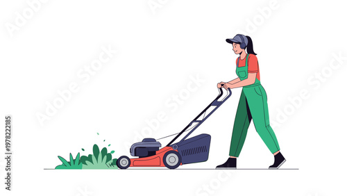 Professional female gardener in green overalls and headphones using a red motor lawn mower to cut grass on white background.