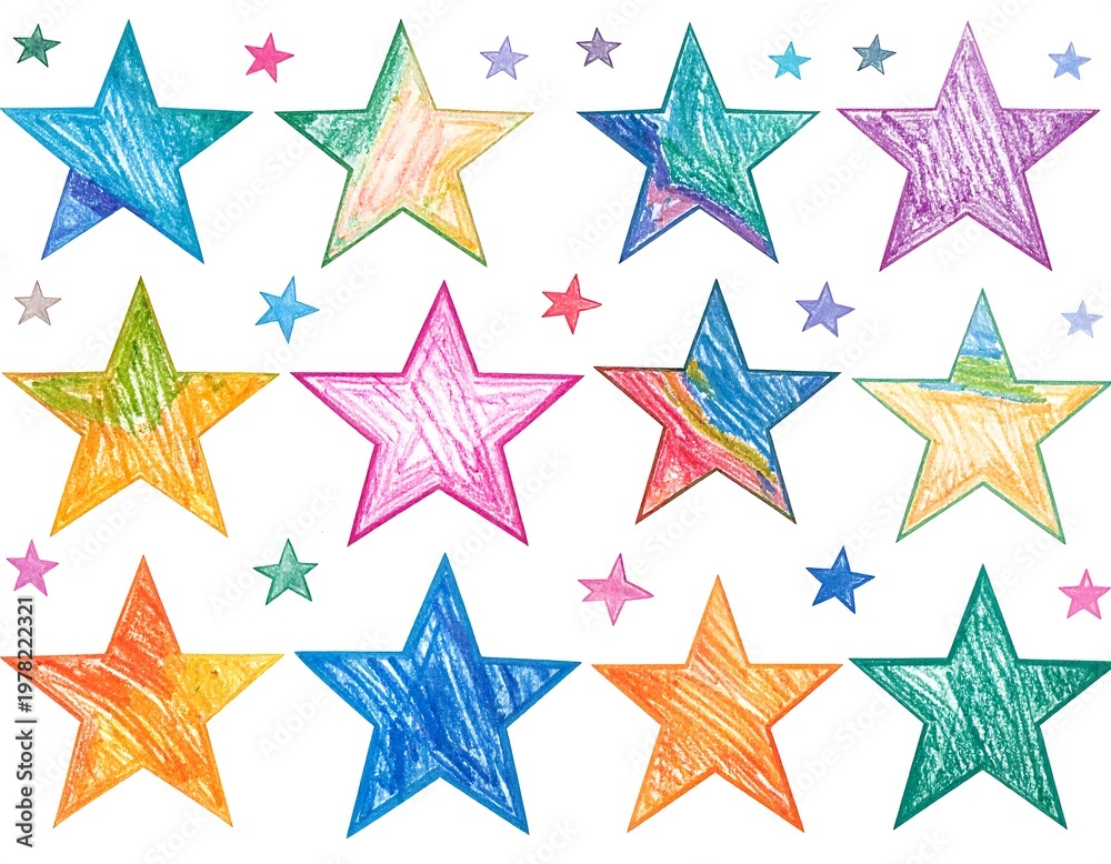 Fototapeta premium A colorful illustration of various sized stars in multiple colors on a white background