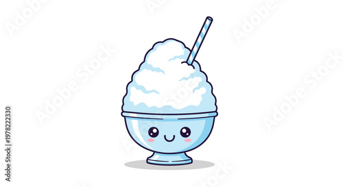Cute cartoon bowl of shaved ice or a cold dessert with a smiley face and a striped straw, perfect for a refreshing summer treat illustration.