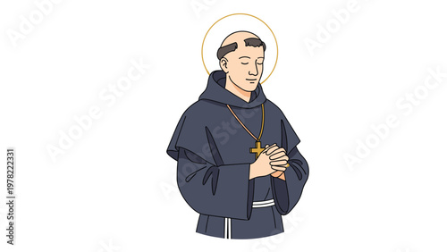 Religious monk with a halo praying with his hands together while wearing a traditional brown habit and a cross necklace.