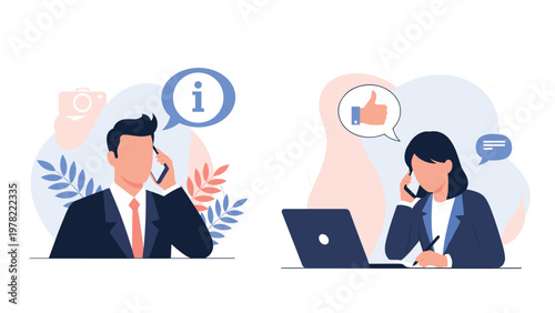 Professional man and woman communicating with clients via phone providing information and receiving positive feedback.