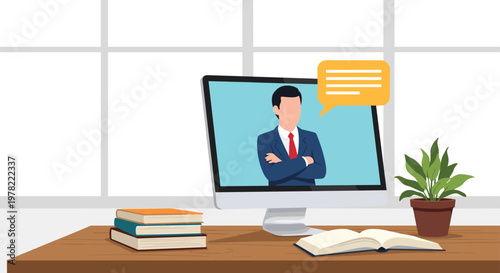Professional video conference meeting is displayed on a computer monitor on a wooden desk with books and a plant, representing remote work.