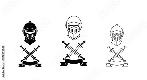 Fotografija Three medieval knight helmets and crossed swords emblems in black and white