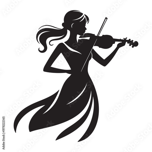 Female Violinist Silhouette Playing Violin – Elegant Musician Vector Illustration