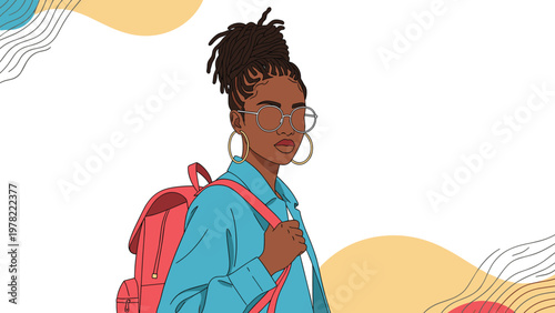 Stylish young black woman with dreadlocks wearing glasses and carrying a red backpack against a decorative background.