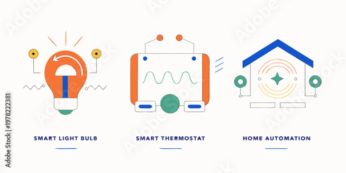 Line art smart home technology concepts light bulb thermostat and house automation with smart device automation system technology automation thermostat illustration connected