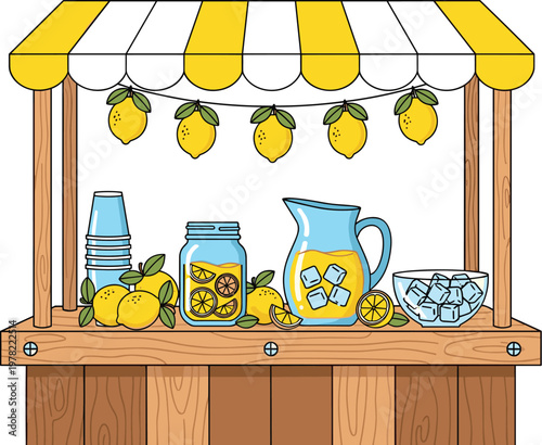 Lemonade stand with fresh lemons jars and pitcher summer drink kiosk vector illustration isolated on white background