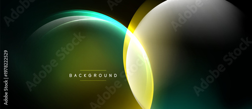 Abstract design features overlapping glowing circles. Dark background enhances vibrant yellow, green, white hues. Modern, sleek presentation.