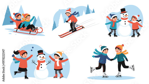 Collection of cheerful children participating in winter sports and activities like skiing ice skating and making snowman.