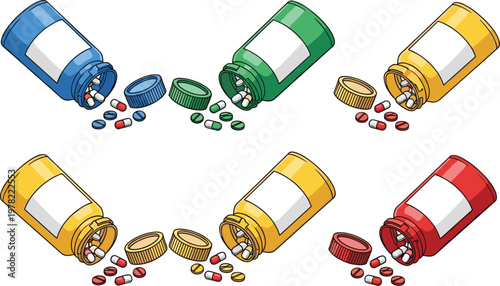 Medicine bottles with pills and capsules spilling healthcare pharmaceutical vector illustration collection isolated on white background