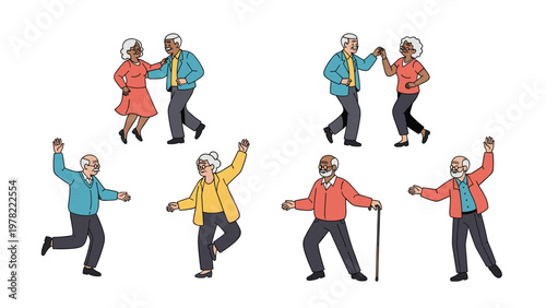 Joyful group of diverse senior citizens enjoying life while dancing and moving with energy and happiness together.