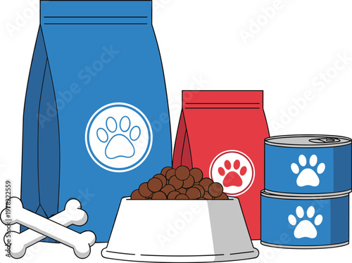 Pet food packaging set with kibble bowl cans and bags dog nutrition products vector illustration isolated on white background