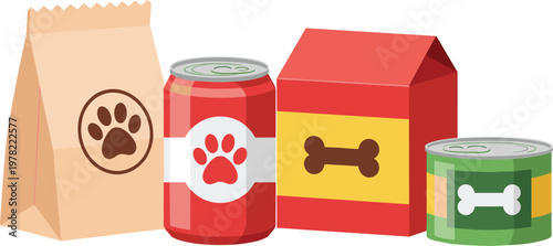 Pet food packaging set with paper bag cans and box dog food products vector illustration collection isolated on white background