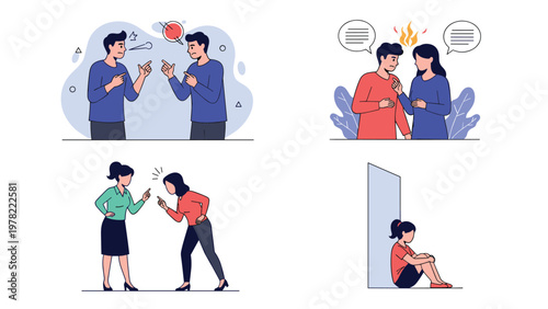 Illustration set depicting social issues like interpersonal conflict relationship stress and a lonely child feeling sad.