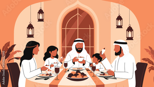 Traditional middle eastern family gathering to share a meal at a beautifully decorated table with glowing lanterns.