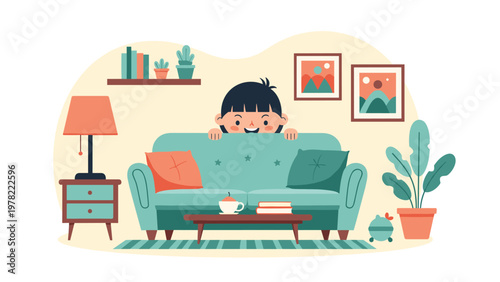 Playful young boy hiding behind a light blue sofa in a cozy and modern living room filled with plants and decor.