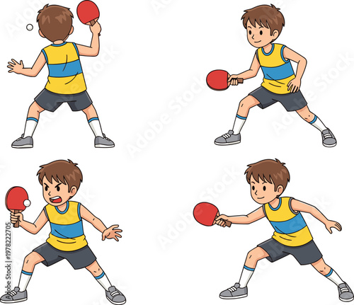 Boy playing table tennis set with different poses ping pong player cartoon vector illustration collection isolated on white background
