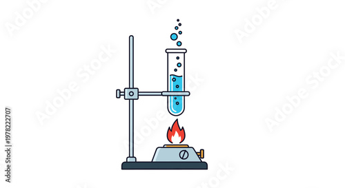 Laboratory setup shows a test tube being heated over a blue flame from a burner on a metal stand for a chemistry science experiment.