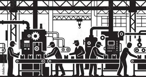 Black and white illustration of industrial factory workers operating machinery on assembly line