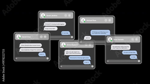 Customer support chat windows. Glassmorphism helpdesk messages Interface Overlay. Product, CRM or SaaS communication with clients concept. Transparent background MOV with Alpha