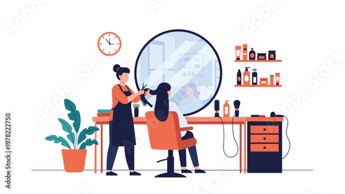 Professional hair stylist working on a female client hair in a modern salon with a large mirror and beauty products.