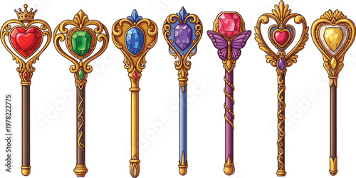 Fantasy magic wands collection with gemstones hearts and ornate handles decorative vector illustration set isolated on white background