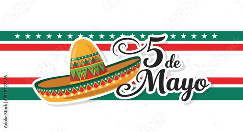 Festive 5 de Mayo banner features a Mexican sombrero over a background of red, green, and white stripes, celebrating heritage and culture.