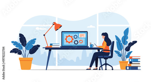 Woman works on her laptop in a modern office with large windows, indoor plants, and a desk lamp, illustrating a productive work environment.