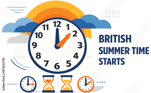 British summer time starts vector illustration. clock showing 1am changing to 2am. concept of daylight saving time in great britain. time change on last sunday of march every year.