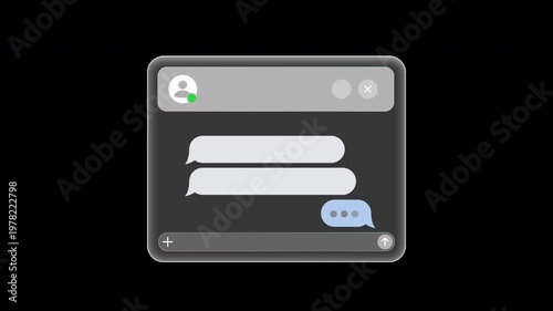 Chat app interface overlay: empty glassmorphism blank private dialogue whatsapp message bubbles, textless telegram messenger or social media template. Transparent background MOV alpha