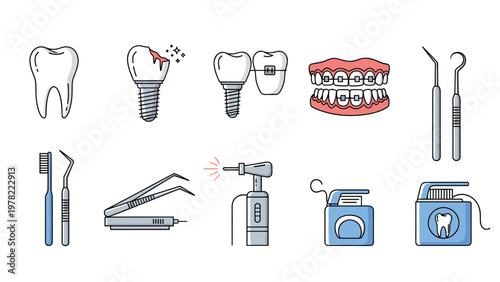 Dental care and hygiene icon set displays various items including teeth with braces, implants, toothbrush, dental floss, and tools.