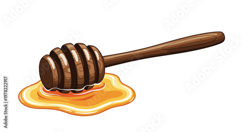 Wooden honey dipper stick lying in a golden puddle of sweet honey isolated on a white background for food and kitchen design concepts.