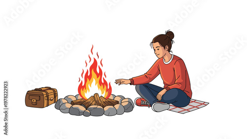 Young woman warms her hands by a cozy campfire in a stone pit during a camping trip with her travel bag resting nearby on the grass.