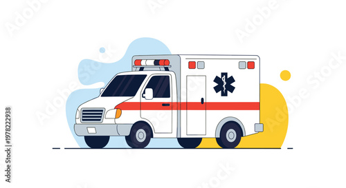 Modern ambulance vehicle illustration with medical symbols and emergency lights used for healthcare services and urgent patient transport.