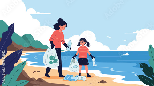 Mother and daughter volunteer to clean up plastic waste on a beautiful beach to help protect the environment and ocean life from pollution.