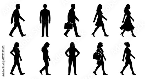 Black silhouettes of walking people, set of 10 diverse human figures in motion, business men and women walking vector icons for architectural rendering