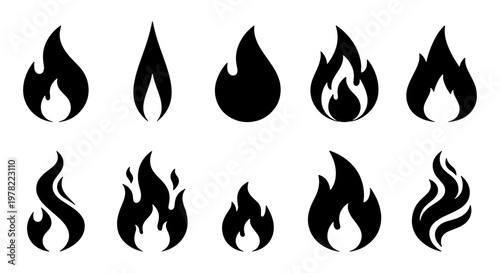 Black fire flame icons set, 10 flat vector bonfire and heat symbols, minimalist campfire silhouettes for logo design and warning signs