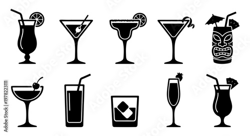 Minimalist cocktail icon set, black silhouette alcoholic beverage glass collection, 10 vector drink elements for bar menus and party invitations