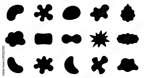 Abstract organic blob shapes, set of 15 black liquid silhouettes, minimalist amoeba and pebble vector elements for modern graphic design