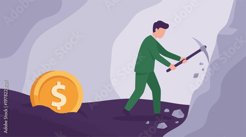 Financial success through hard work, man mining for money illustration